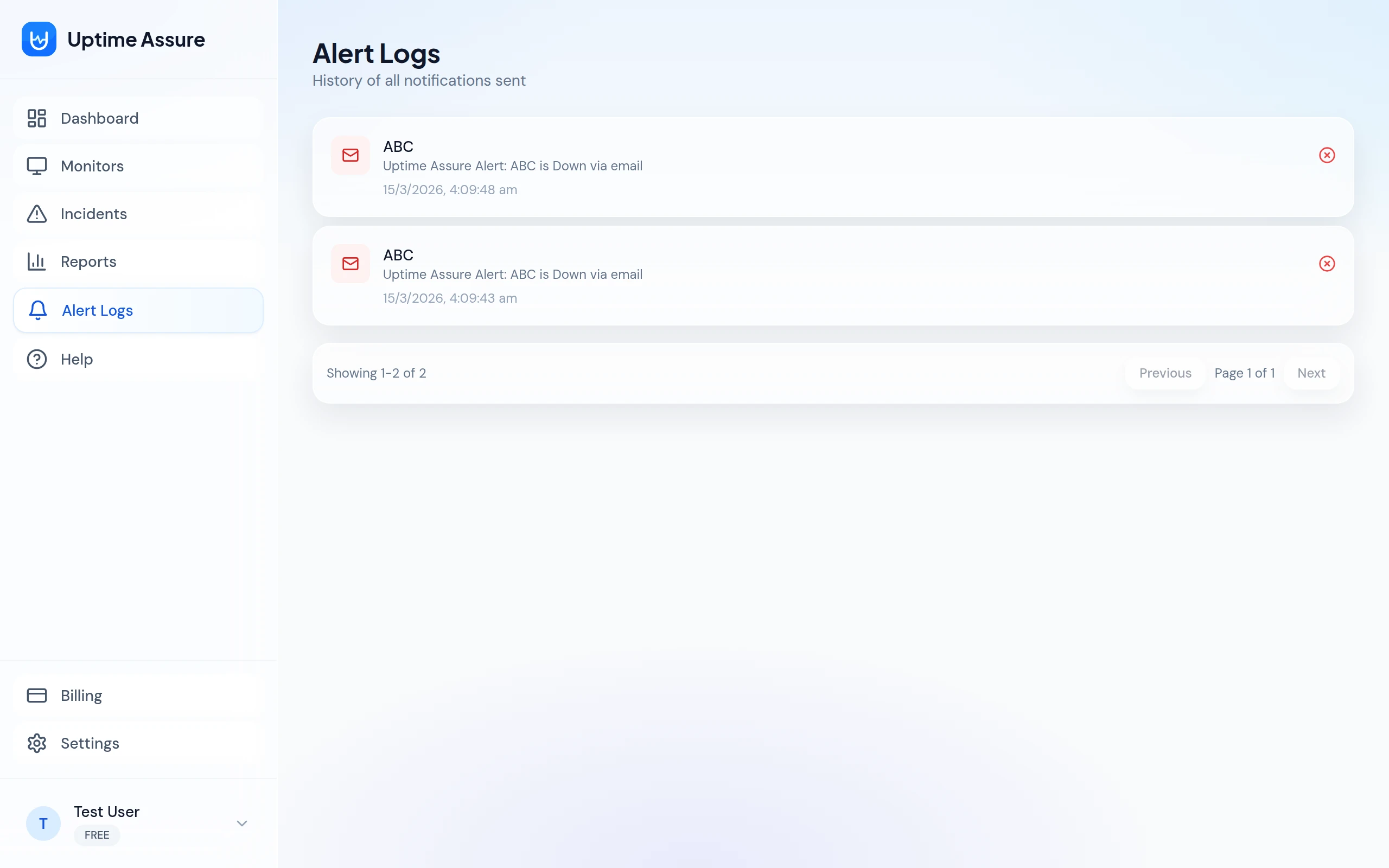 Uptime Assure alert logs showing notification history for monitored websites