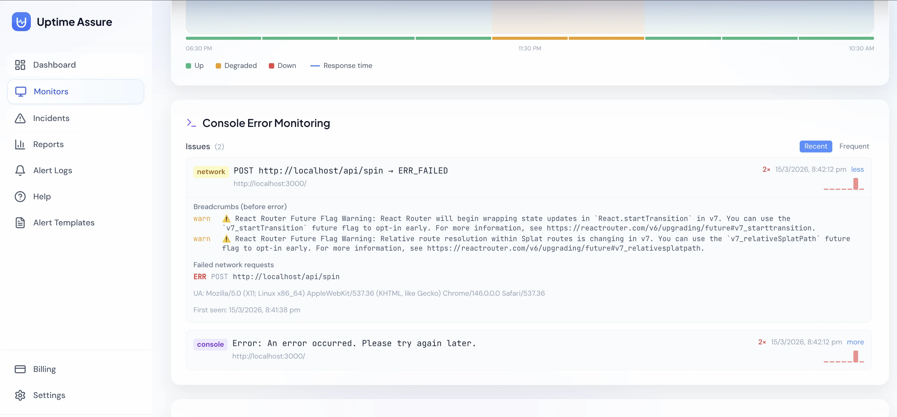 Uptime Assure monitor detail page showing console error log with JavaScript exceptions and failed network requests