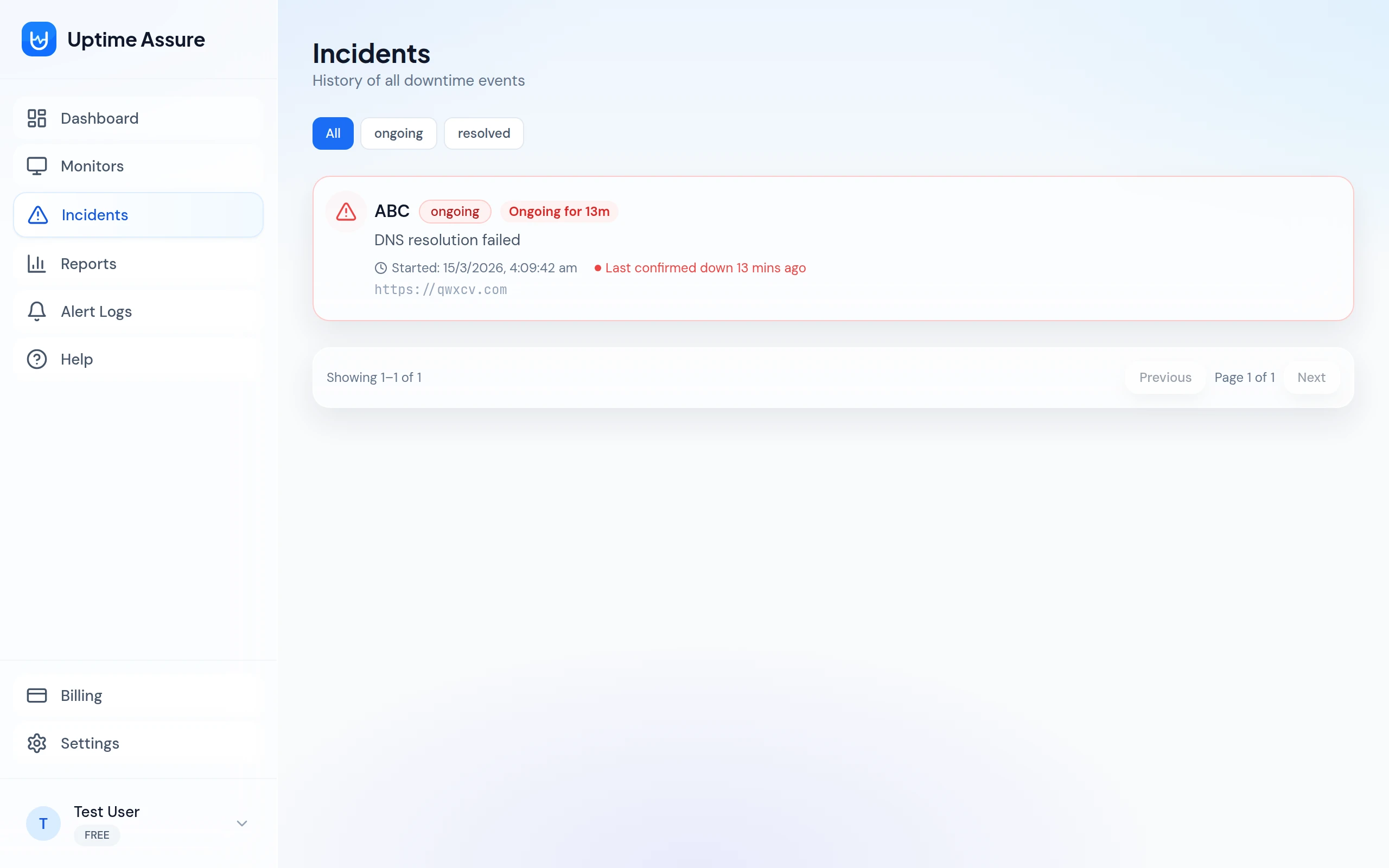Uptime Assure incidents page showing downtime history with duration and resolution times