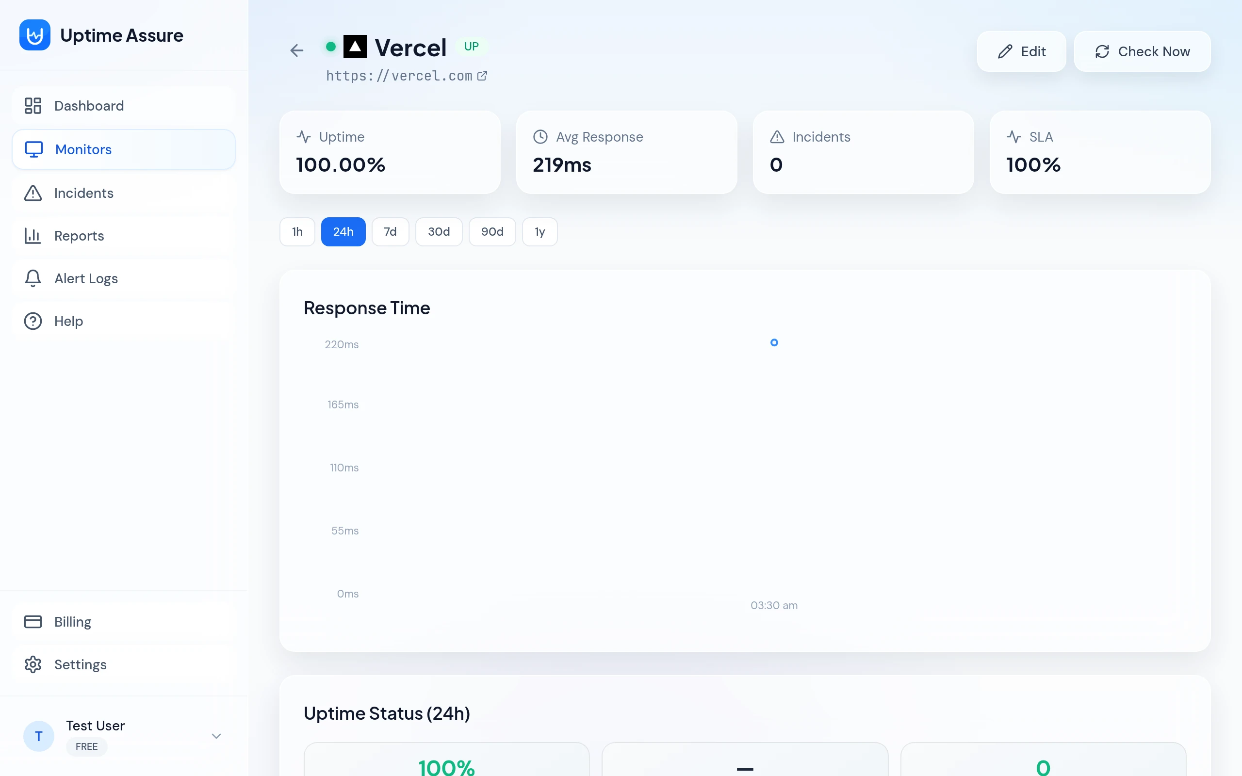 Uptime Assure monitor detail page showing response time chart and uptime statistics