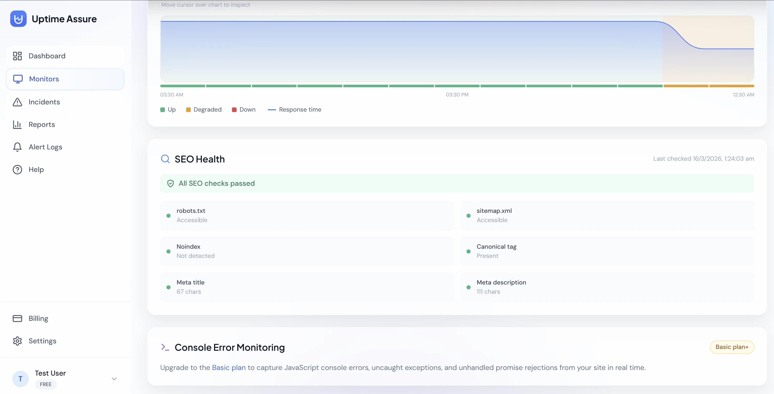 Uptime Assure monitor detail page showing SEO Health check results including robots.txt, sitemap, noindex, and meta tag status